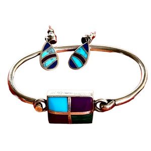 .925 Sterling Silver Southwest Style Bracelet Earrings Set Semi-Precious Stones